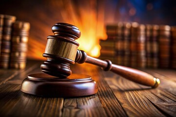 Justice Gavel Close-Up: Wooden Judge's Hammer on Blurred Law Books, Night Photography Stock Photo
