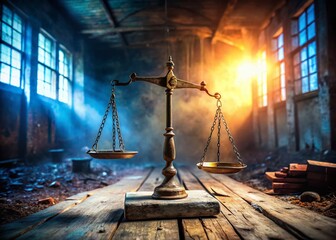 Justice Scale on Rustic Wooden Table - Urban Exploration Photography