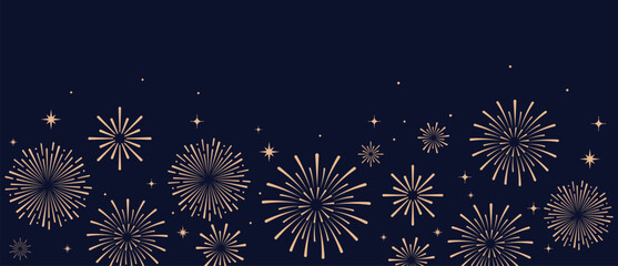 Elegant gold fireworks burst and sparkling stars on clean blue background, festive celebration illustration for New Year, holiday party, greeting card, luxury event design, minimalist style vector. © bibin