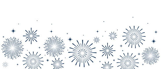Elegant blue fireworks burst and sparkling stars on clean white background, festive celebration illustration for New Year, holiday party, greeting card, luxury event design, minimalist style vector. © bibin