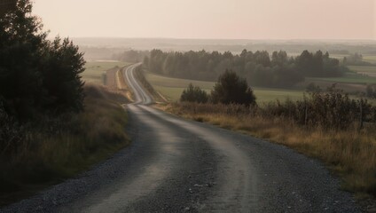 Winding Country Road Through Rural Landscape at Sunrise.