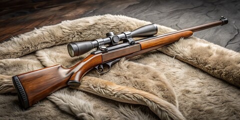 Khaki Rifle with Scope on Gray Rug - Hunting Gear Stock Photo