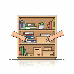 A vector illustration of a hand placing a book on a shelf in a clean, minimal style.
