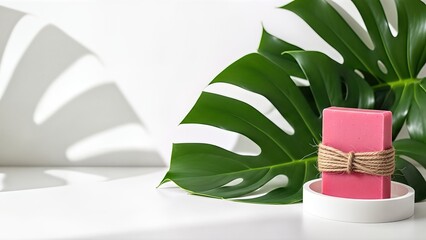 Pink soap bar wrapped in twine sits on a white dish beside large green leaves, creating a serene body care scene with natural elements and soothing ambiance