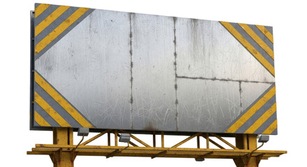 Large industrial metal panel with yellow and gray diagonal warning stripes on a wooden support structure isolated on transparent background