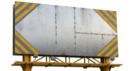 Large industrial metal panel with yellow and gray diagonal warning stripes on a wooden support structure isolated on transparent background