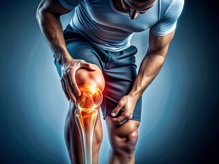 Knee Pain Anatomy:  Man Holding Injured Knee Joint, Medical Illustration