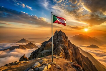 Kuwait Flag Majestic Mountain Peak Sunrise Stock Photo