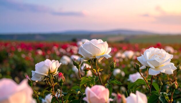 White roses in a field at sunset (1)