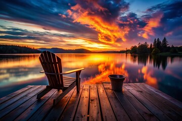 Lakeside Serenity: Adirondack Chair by Cozy Firepit on Tranquil Dock at Sunset
