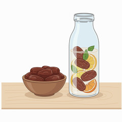 Infused water with dates, mint, and lemon juice served in a clear glass bottle.