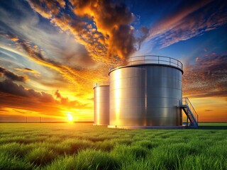 Large Industrial Oil Storage Tank, Sunset Landscape, Rule of Thirds Composition