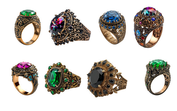 antique vintage ring with precious stones isolated on transparent background