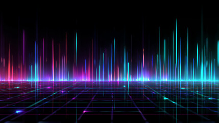 Vibrant abstract visualization of sound waves and data streams in neon colors on a dark background.