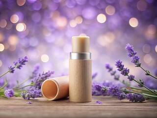 Lavender Lip Balm in Kraft Tube Mockup - Bokeh Background