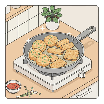 Indonesian fried snacks like tempeh fritters, risoles, and combro cooking in a pan.