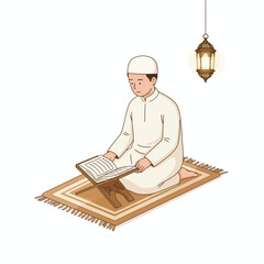 A man in ramadhan praying on a brown prayer mat in a calm and peaceful setting.