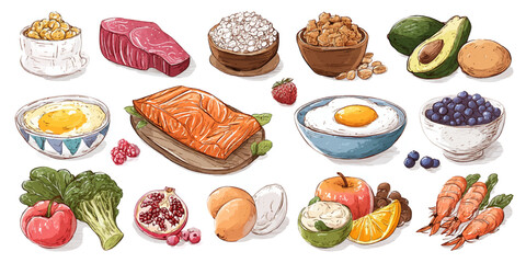 Healthy food ingredients collection - fresh fruits, vegetables, meat, and seafood