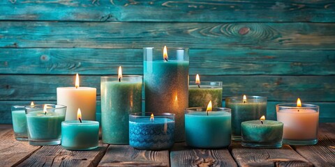 Light Blue & Turquoise Scented Candles, Aromatic Home Decor, Colorful Candle Photography