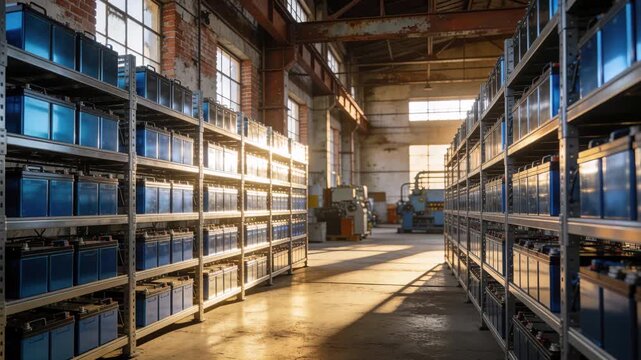 An industrial battery storage warehouse with blue battery unit metal shelves, renewable energy technology sunlight, clean factory interior and organized aisles, sustainable power backup, calm effici