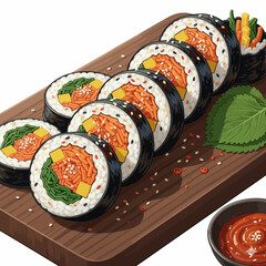 The slices of sushi on a wooden tray look tempting