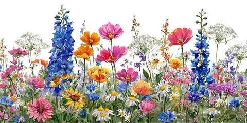 Vibrant wildflower meadow with colorful blooms and green leaves