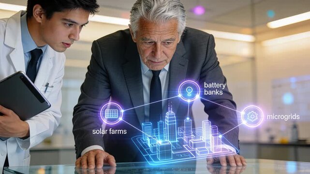 A futuristic city energy network renewable energy smart grid microgrid battery bank solar farm clean power sustainability technology engineer planning hologram innovation urban research strategy expe