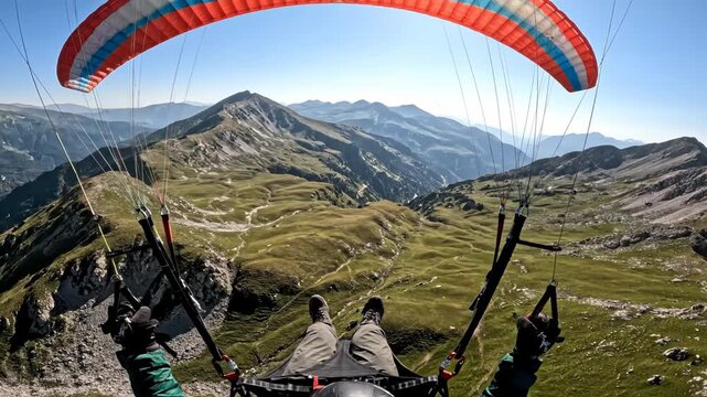 Paragliders soaring over mountainous landscape with clear sky.