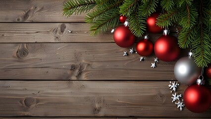 Top Down View of Red and Silver Christmas Ornaments on Rustic Wood Background