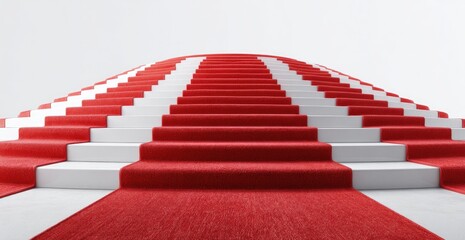 A grand red carpet stairway design against a white backdrop, ascending in a curved fashion towards an unseen destination