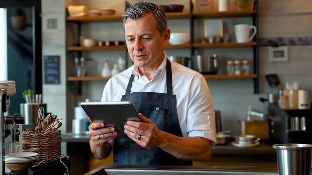 Barista Man Apron Tablet Coffee Shop Counter Ordering Management Cafes Warm Lighting Professional Service