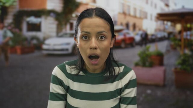 Woman standing outdoors on street looks surprised wearing green striped shirt in urban setting with cars and people in background under bright daylight