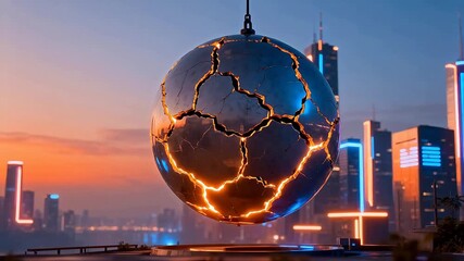 Suspended cracked metallic sphere in futuristic city