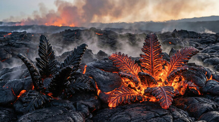 Molten lava flows, with a vibrant glowing plant