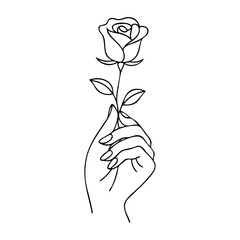 Dibujo sencillo con líneas de una mano sujetando una rosa con tallo y hojas  © teracreonte