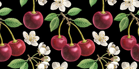 Seamless pattern black background cherries in a row food watercolor illustration. Whole sweet cherry, berry core fruits, leaves, leaf, stalk, stems, flowers on branch watercolour hand drawn elements © Nataliia