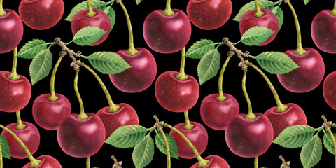 Seamless pattern on black background cherries in a row food watercolor illustration. Whole sweet cherry, berry core fruits, leaves, leaf, stalk, stems on branch watercolour hand drawn elements clipart © Nataliia