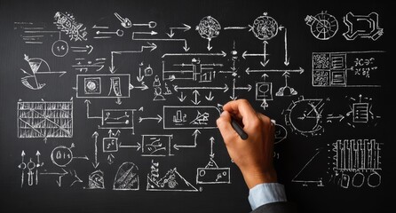 A hand, holding a pen, sketches a detailed diagram with arrows and geometric shapes on a dark surface, resembling a chalkboard