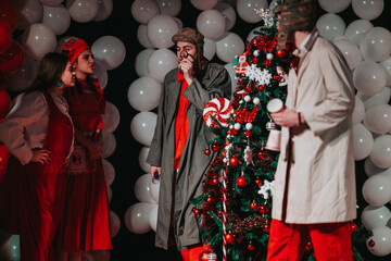 A Christmas theater show featuring actors in red costumes around a decorated Christmas tree on stage. A festive scene with balloons and performers preparing for a holiday performance.