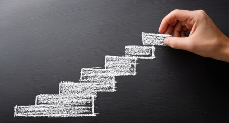 A hand placing a chalk-drawn block to complete a staircase on a dark, textured background. The image represents growth