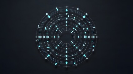 Abstract Futuristic Grid with Glowing Dots and Concentric Circles on Dark Background.