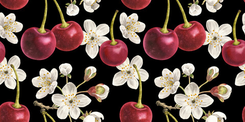 Seamless pattern black background cherries in a row food watercolor illustration. Whole sweet cherry, berry core fruits, stalk, stems, white flowers, flower on a branch watercolour hand drawn © Nataliia