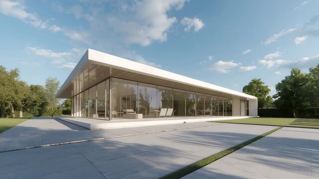 Modern Minimalist Glass House Flat Roof White Exterior Large Windows Concrete Patio Green Lawn Trees Blue Sky