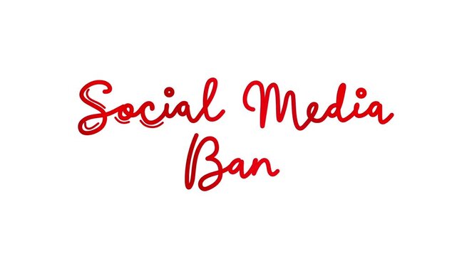 social media Ban One line continuous animated lettering typography intro outro footage, hand drawn calligraphy monoline single line vintage text on background video animation red type on white bg