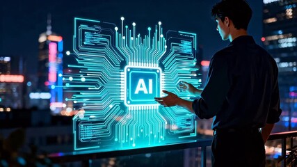 Man interacting with AI circuit hologram - Powered by Adobe