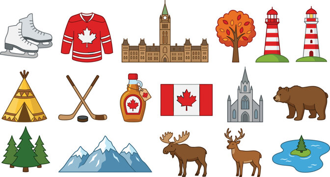 Canada themed illustration set featuring national symbols, wildlife, landmarks, winter sports and cultural icons, colorful flat design isolated on white background
