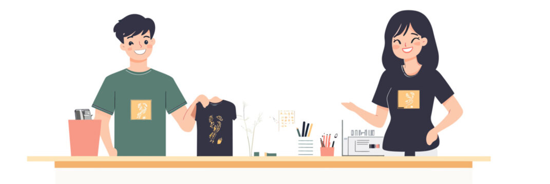 Male and female graphic designers printing custom t shirt designs with happy expressions in modern flat vector style illustration