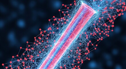 Microscopic View of Nerve Fiber or High-Speed Data Optical Cable with Glowing Red and Blue Particles