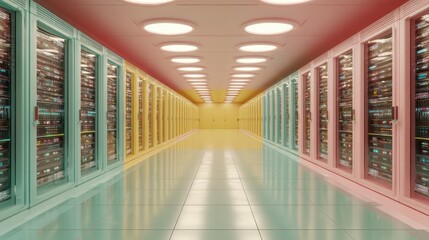 Data Center Corridor: A long, expansive corridor within a data center, lined with rows of server racks, conveying the scale and complexity of modern data storage and processing facilities.