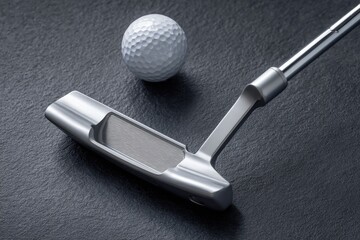 A high-angle view showcases a pristine golf putter and ball on a textured dark surface, emphasizing sporting equipment